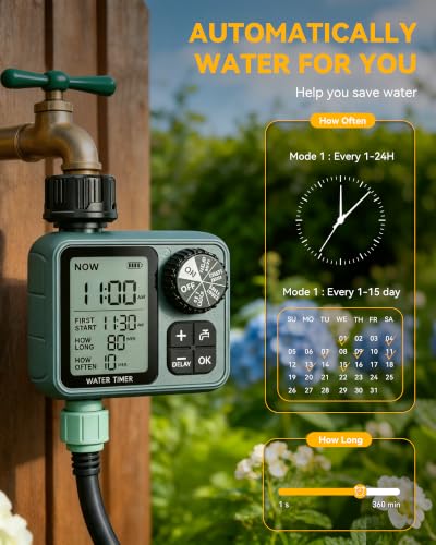 Programmable Water Timer for Garden Hose, Outdoor Sprinkler Timer with Rain Delay & Manual Mode,Inlaid Brass Connector Irrigation Controller for Lawn Yard Landscape, 1 Outlet Large LCD Display