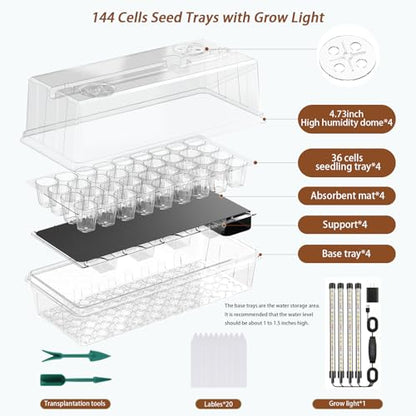Seed Starter Tray Self Watering, Seed Starter Kit with Grow Light, Full Spectrum Grow Light for Seedling with Timer, Indoor Plant Grow Tray for Beginners & Seasoned Gardeners (144 Cells) - size: 144 Cells