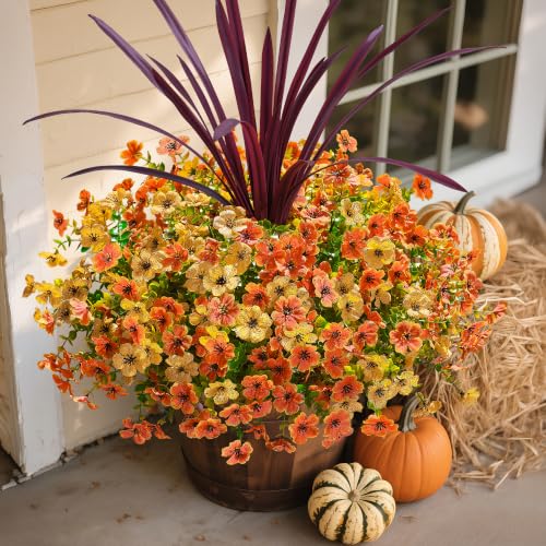 Fall Flowers Artificial Mums for Outdoors Autumn Decor, 12 Bundles Fake Fall Mums with 1 pcs Burgundy Orchid Leaf UV Resistant Realistic Faux Plants for Outside Home Porch Patio Planter, Orange Yellow - color: Orange Yellow