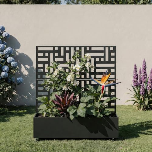 Metal Raised Garden Bed with Trellis and Wheels, 47"x47"x16" (Black-Street) - color: Black-street, size: 47"x47"x16"