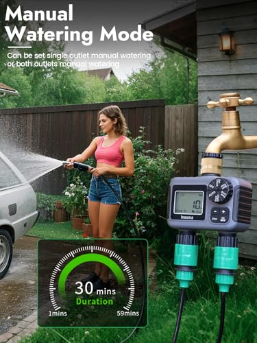 Insoma Hose Timer 2 Zones Brass Inlet, Water Timer for Garden Hose, Sprinkler Timers with Rain Delay/Manual/Auto Mode, Faucet Timers 2 Outlet for Garden Watering, Lawn, Yard