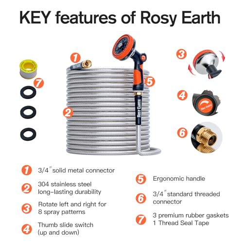 Rosy Earth 75ft Stainless Steel Garden Hose, Heavy Duty Metal Water Hose - size: 75FT
