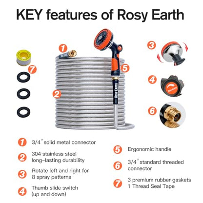 Rosy Earth 75ft Stainless Steel Garden Hose, Heavy Duty Metal Water Hose - size: 75FT