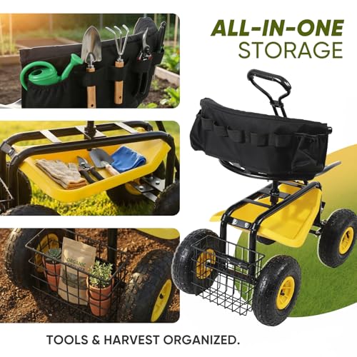 Sekey Garden Cart Rolling Workseat with Backsupport & 360° Swivel Seat, Heavy Duty Garden Scooter with Adjustable Height, Tool Tray, All-Terrain Wheels, 440 lbs Capacity for Seniors & Gardeners - size: 500LBS
