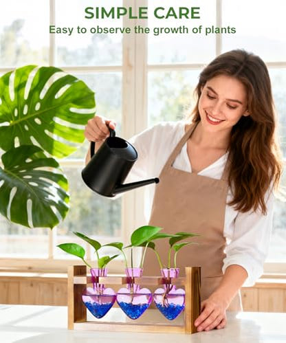 Nacome Plant Terrarium with Wooden Stand, 3 Heart Bulb Glass Vases - color: Purple