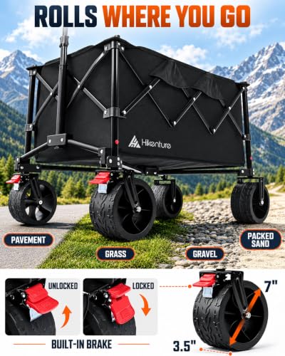 Hikenture Foldable Beach Wagon with Big Wheels for Sand, 450 lbs Capacity