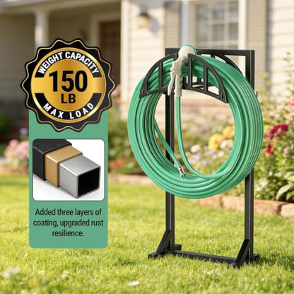 YQSLYSF Garden Hose Reel Holder, Water Hose Stand with 4 Stake and 2 Tool Hooks, Heavy-Duty Metal Hose Storage Holds 150Ft, Freestanding Hose Hanger Rack for Outside, Yard, Lawn, Farm（White） - color: Textured Black