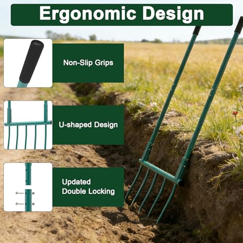 Broad Fork Garden Tool, 5 Tines Heavy-Duty U-Shaped Hand Tiller