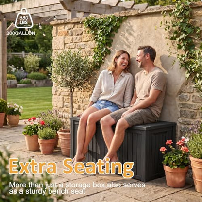 200Gal Lockable Waterproof Deck Box, Sturdy Bench for Patio & Garden Black - color: Black, size: 200 Gallon