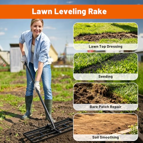 Lawn Leveling Rake, Heavy Duty Adjustable Handle Lawn Leveler Tool - size: 31.5*10inch, 6.5FT