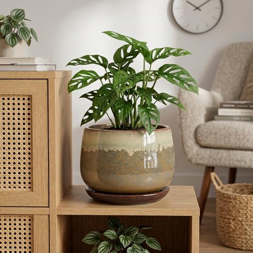 Ceramic Planter, 9 Inch Ceramic Plant Pots Indoor, Brown-Beige - size: 9 Inch, style: Brown-beige
