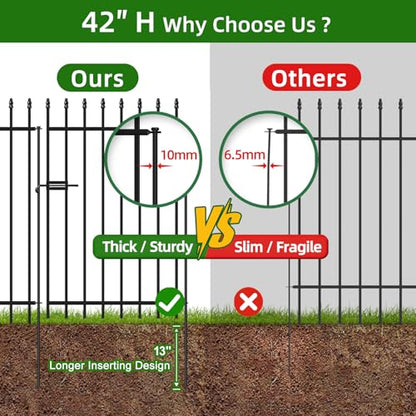 Decorative Metal Garden Fence with Gate 42" x 11.5', Dog Fence Outdoor - size: 42″H x 11.5ft（1Gate+4Panels）