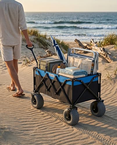 Beach Wagon with 10" Air Tires, Foldable All-Terrain Cart (Black/Blue) - color: Light Blue