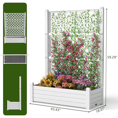 EasyUp Raised Garden Bed with Trellis for Climbing Plants, Outdoor Herb Planter Box with Drainage Plug & Water Gauge, Durable Resin for Patio, Balcony, Yard, Dust-Proof Garden Planter