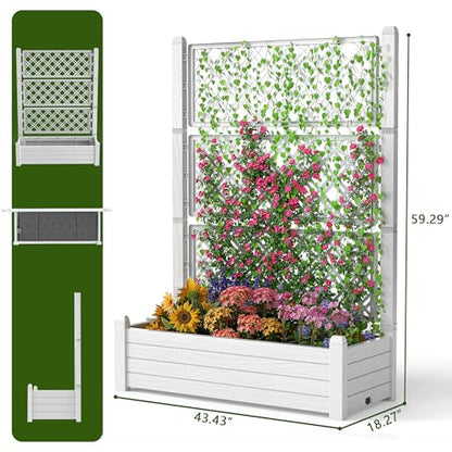 EasyUp Raised Garden Bed with Trellis for Climbing Plants, Outdoor Herb Planter Box with Drainage Plug & Water Gauge, Durable Resin for Patio, Balcony, Yard, Dust-Proof Garden Planter