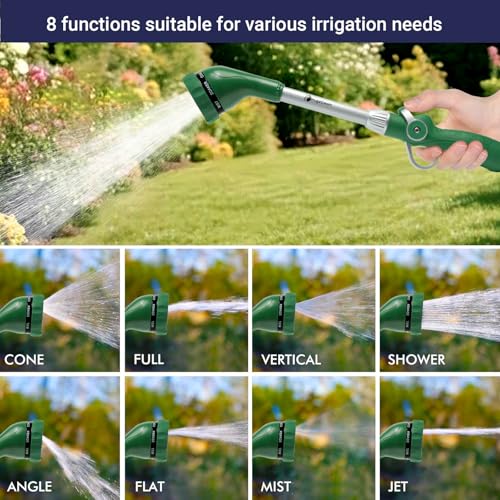 HugeDawn Garden Hose Wand, 16-Inch Heavy Duty Zinc Alloy & Aluminum Watering Wand with 8 Spray Patterns Thumb Control for Hanging Baskets, Garden, Cleaning (Green) - color: Green