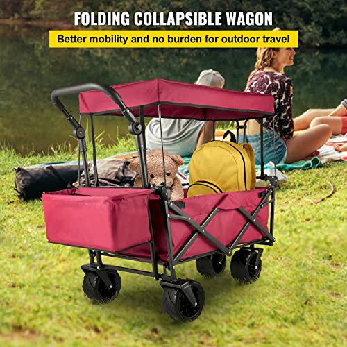 Happbuy Collapsible Wagon with Removable Canopy, 220lbs Heavy Duty Foldable Beach Wagon with Big Wheels - color: Red