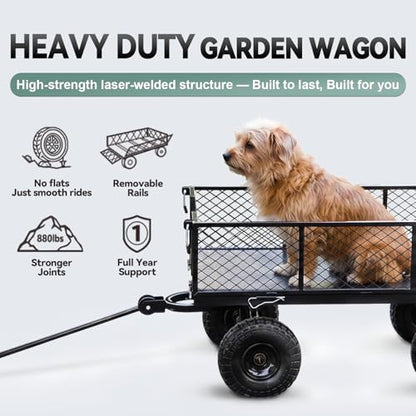 Heavy Duty Garden Wagon Cart – 880 LBS Steel Utility Cart with All-Terrain 3.50-4" Solid Wheels, 10" Tires, 180° Rotating Handle, Removable Sides, Laser-Welded Frame for Multi-Surface Use