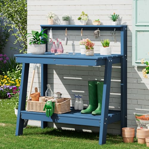 SERWALL 3-Tier Outdoor Potting Bench with Storage,Gardening Table,Blue - color: Blue, size: Sleek