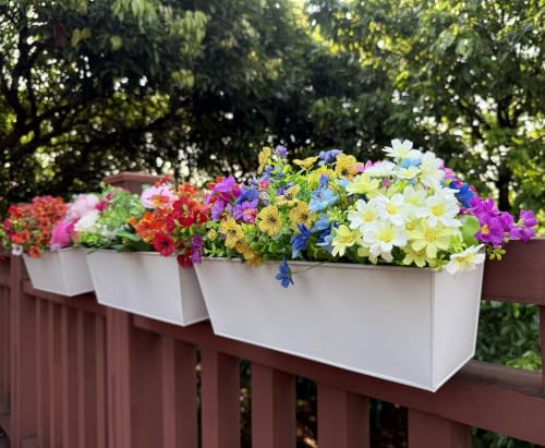 Metal Railing Planter, 16 Inch Rectangular Window Box with Adjustable Brackets, Drainage Holes, for Balcony Deck, 4 Pack (White, Rectangular) - color: White