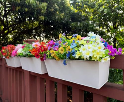 Metal Railing Planter, 16 Inch Rectangular Window Box with Adjustable Brackets, Drainage Holes, for Balcony Deck, 4 Pack (White, Rectangular) - color: White