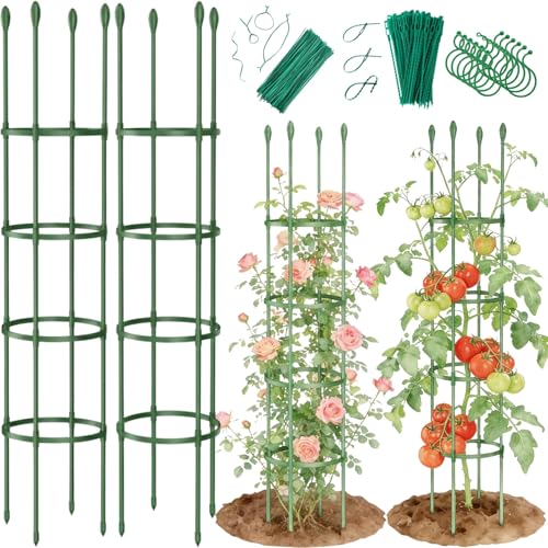 2 Pack Tomato Cages for Garden - Heavy Duty Tomato Trellis for Climbing Plants Vines Outdoor & Indoor - 63 Inch Adjustable Tall Tomato Cage Plant Support Stakes for Pots Raised Garden Bed - color: Green - 2 Pack