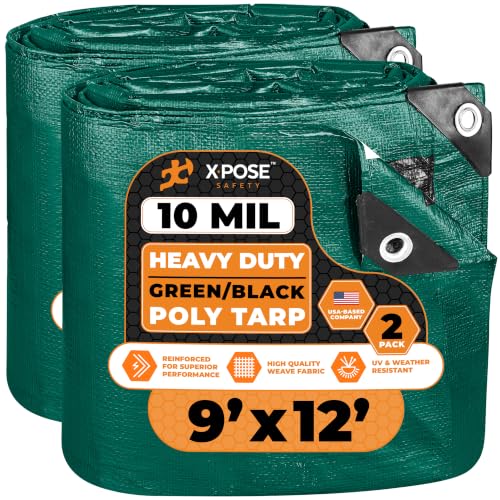 Heavy Duty Poly Tarp - 9' x 12' (2-Pack) - 10 Mil Thick Waterproof, UV Blocking Protective Cover - Reversible Green and Black - Laminated Coating - Grommets - by Xpose Safety - color: Green/Black, size: 9 Feet X 12 Feet (2pk)