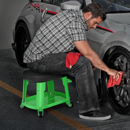 M-AUTO Heavy Duty Garage Rolling Work Seat 300LBS Capacity Mechanics Stool with Wheels, Equipment Tray and Tool Rack, Rectangle Mechanic Roll Chair, Green - color: Green