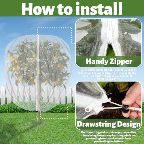 Garden Insect Barrier Net with Drawstring & Zipper - 3.3x3.9ft Reusable Mesh Cover for Dwarf Fruit Trees, Potted Plants, Blueberry Bushes, Protect from Bugs, Birds, Squirrels (2, 40 * 48in)