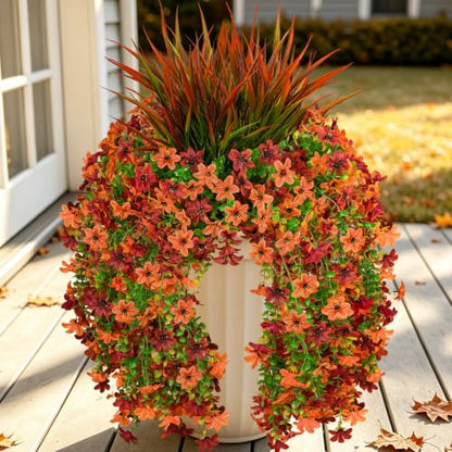 7PCS Artificial Fall Hanging Flowers for Outdoor, Six-Petaled Faux Mums - color: Brown Red