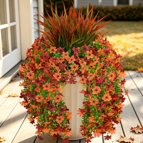 7PCS Artificial Fall Hanging Flowers for Outdoor, Six-Petaled Faux Mums - color: Brown Red