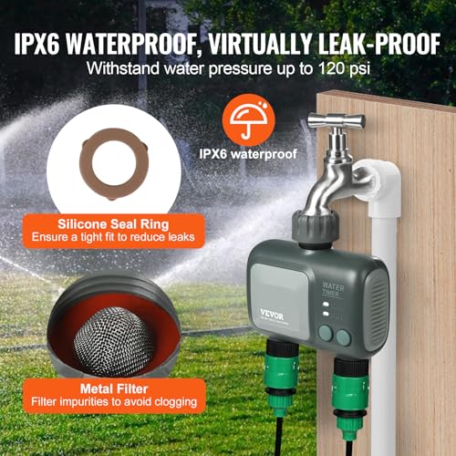VEVOR Sprinkler Timer WiFi Water Timer, 2 Outlets, Smart Hose Faucet Water Timer with Brass Inlet, APP Remote Control via 2.4Ghz WiFi or Bluetooth, Voice Control, IPX6 for Garden, Yard Watering - style: 2 Outlet with WiFi/Bluetooth.
