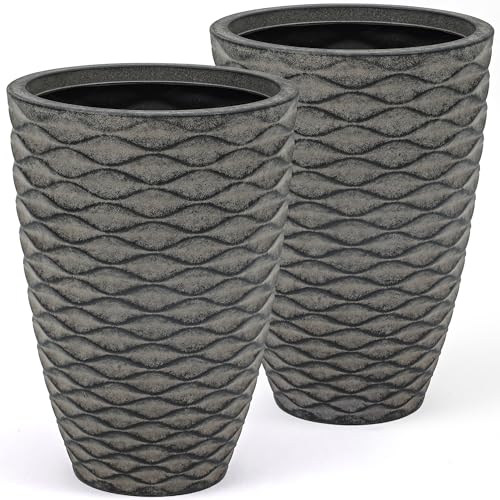 Autodaya 20" Tall Outdoor Planters Set of 2 Plant Pots, Black Wavy Texture - color: Weathered Black-20"h