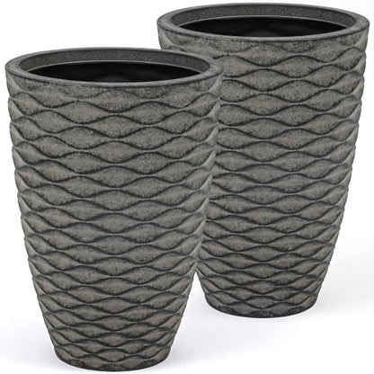 Autodaya 20" Tall Outdoor Planters Set of 2 Plant Pots, Black Wavy Texture - color: Weathered Black-20"h