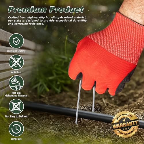 FEED GARDEN Landscape Staples 6 Inch 200 Pack Kit, Heavy Duty 11 Gauge Hot-Dip Galvanized Garden Stakes with 200 Gaskets & 1 Pick Hook for Weed Barrier, Landscape Fabric, Sod, Turf & Garden Edging
