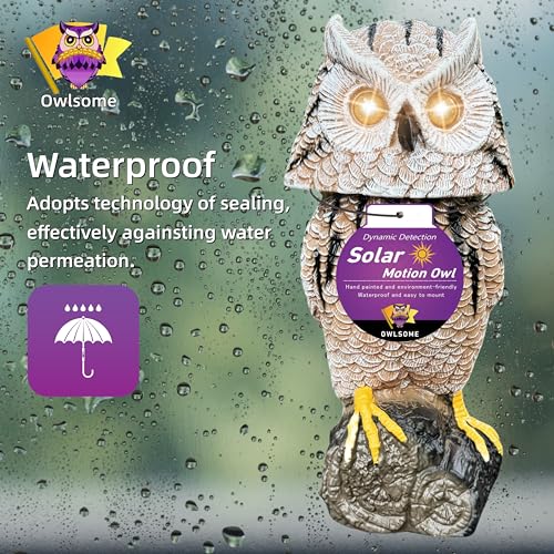 Owlsome Solar Tiger Owl with Flashing Eyes, Rotating Head, Hoot Sound, Motion Detector and Silent Mode, Plastic Owl Garden Sculpture, Garden Decoration