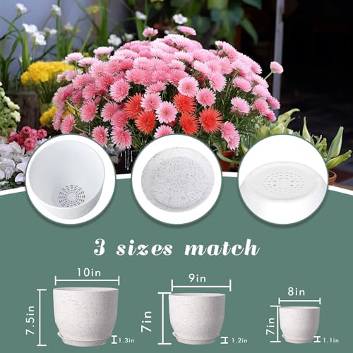 10/9/8 inch Plant Pots, 3 Pack Plastic Flower Pots Modern Flower Pots with Drainage Holes and Trays are for Indoor and Outdoor Plants, Herbs and Flowers,White Speckles - color: White