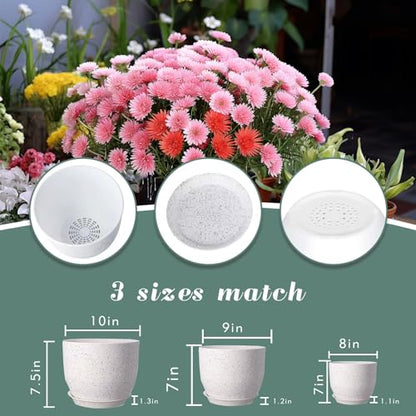 10/9/8 inch Plant Pots, 3 Pack Plastic Flower Pots Modern Flower Pots with Drainage Holes and Trays are for Indoor and Outdoor Plants, Herbs and Flowers,White Speckles - color: White