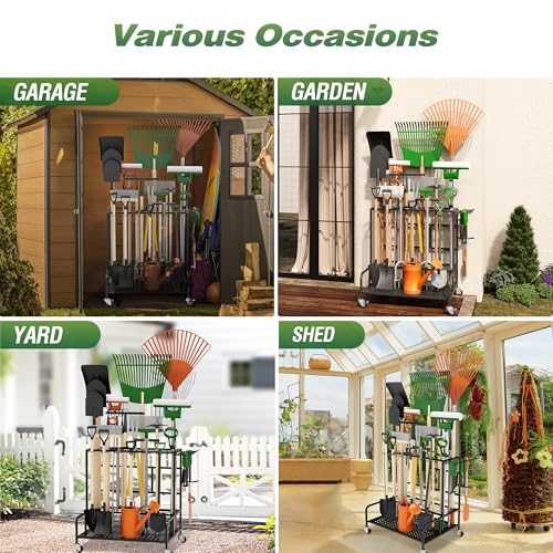 Garden Tool Organizer Rack with Wheels Up to 39 Tools, Heavy-Duty Steel Yard Tool Organizer for Garage Storage with 12 Hooks, Broom Holder & Garden Tool Rack for Shed, Patio, Outdoor Use, Black - style: Rack With Accessories