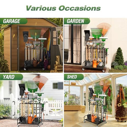 Garden Tool Organizer Rack with Wheels Up to 39 Tools, Heavy-Duty Steel Yard Tool Organizer for Garage Storage with 12 Hooks, Broom Holder & Garden Tool Rack for Shed, Patio, Outdoor Use, Black - style: Rack With Accessories