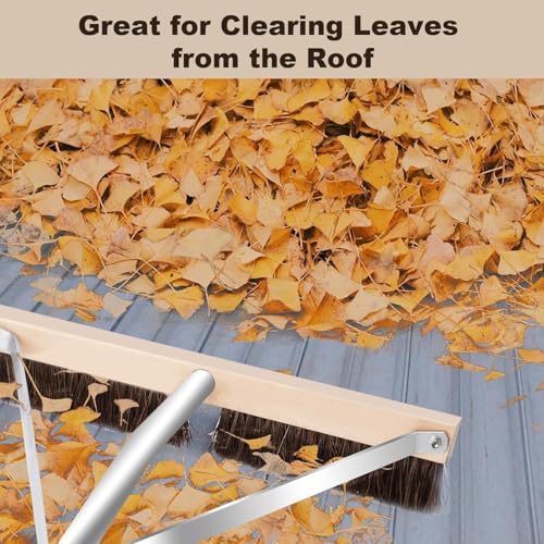 Leaf Roof Brush with Gloves, Roof Rake Remove Leaves, Adjustable 5-21ft Roof Cleaning Brush Tool for Shingles, Corrugated, Solar Panel, Lightweight Long Handle Extension Aluminum Poles Broom (21FT)
