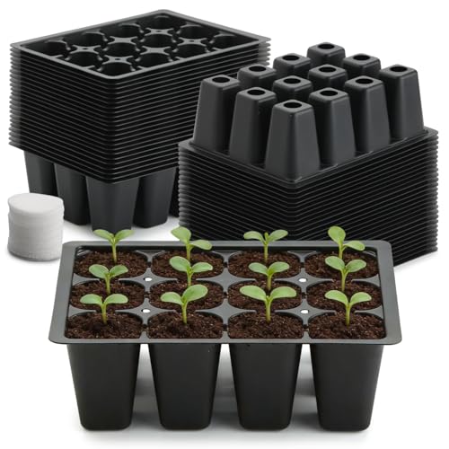 RooTrimmer 40 Pack Reusable 12-Cell Seed Starter Tray with Large Drain Hole - color: Black, size: 12 Cells-40P