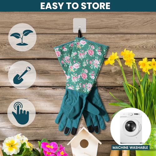 Gardening Gloves for Women, Long Garden Gloves with Grip, Thorn-Proof, Gift - color: Dark Green - Pink Flower