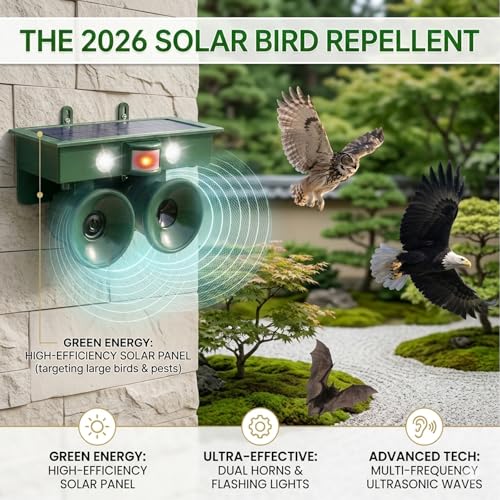 2026 Upgraded Solar Bird Repellent Outdoor:Ultrasonic Pigeon Repeller with Motion Sensor&LED Flash Light-Professional Woodpecker Deterrent for Garden-Waterproof Bird Deterrent Device (Plastic, 1)