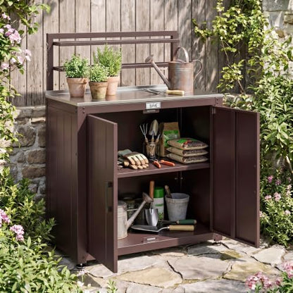 Feasto Outdoor Potting Bench Table with Storage Cabinet, Brown - color: Brown