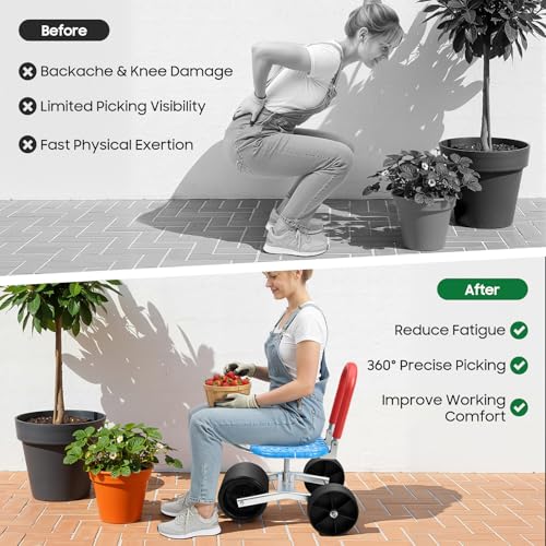 Garden Cart Rolling Gardening Seat with Wheels, Height Adjustable & 360° Swivel Seat, Ergonomic Backrest,Garden Stools for Seniors,Women, Men,Parents,Use for Patio, Yard& Outdoors