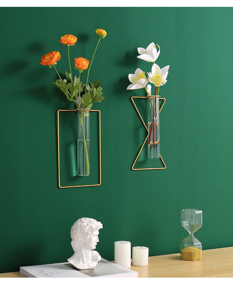 2 Pack IvyMei Luxurious Nordic Gold Wall Vase Metal Frame Glass Tube - color: Gold 5