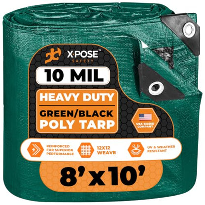 Heavy Duty Poly Tarp 8 Feet x 10 Feet 10 Mil Thick Waterproof, UV Blocking Protective Cover - Reversible Green and Black - Laminated Coating - Grommets - by Xpose Safety - color: Green/Black, size: 8 Feet X 10 Feet