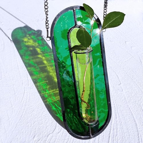 LITMIND Transparent Green Stained Glass Propagation Station - Handcrafted Suncatcher Hanging Planter with 2 Glass Tubes, Multi-Color Hydroponic Wall Décor for Windows, Home & Garden - color: Style B03 (Verdant Breeze)