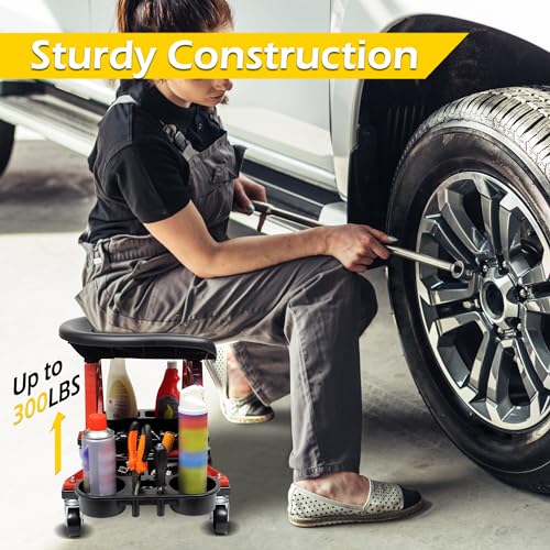MaxWorks 50957 Ergonomic Seat Mechanic Stool Chair 22.9" L x 13.9" W x 17" H, with 4pcs 2.5" Swivel Casters, with Tool Tray for Workshop, Garage, Auto Repair - 300 Lbs Capacity - style: Ergonomic